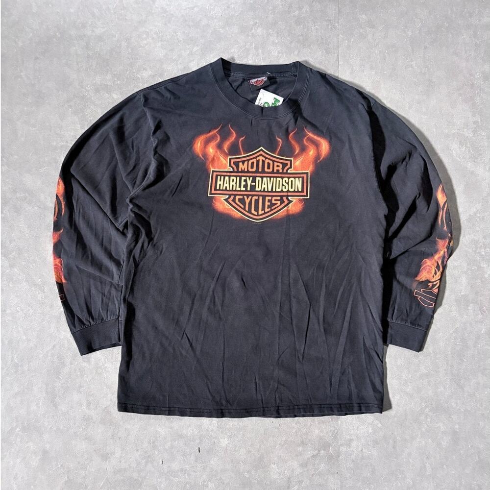 90s Vintage Harley Davidson Flame Sleeve Black Long Sleeve Shirt -L